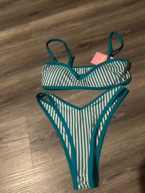 Striped Teal-Trim Bikini Set